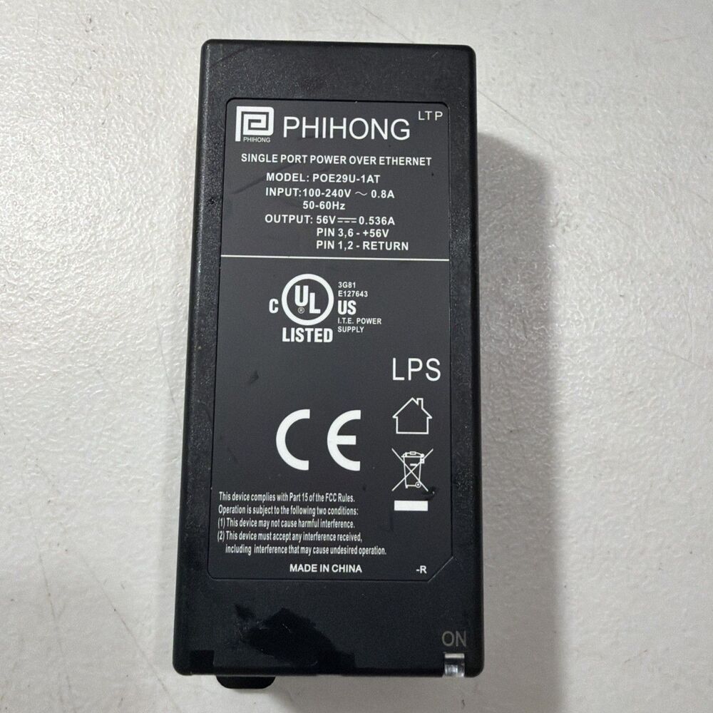 Phihong POE29U-560 Gigabit PoE Injector 56V 0.536A Power Supply Black